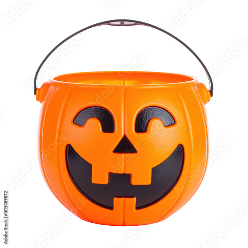 Festive Halloween pumpkin bucket with a bright orange color and a classic carved smiling face, perfect for collecting candies du trick-or-treating parties