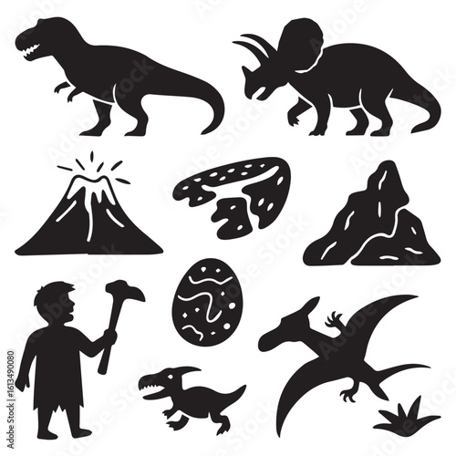 Vector art of a prehistoric scene featuring black silhouette icons of dinosaurs, a volcano, and a caveman