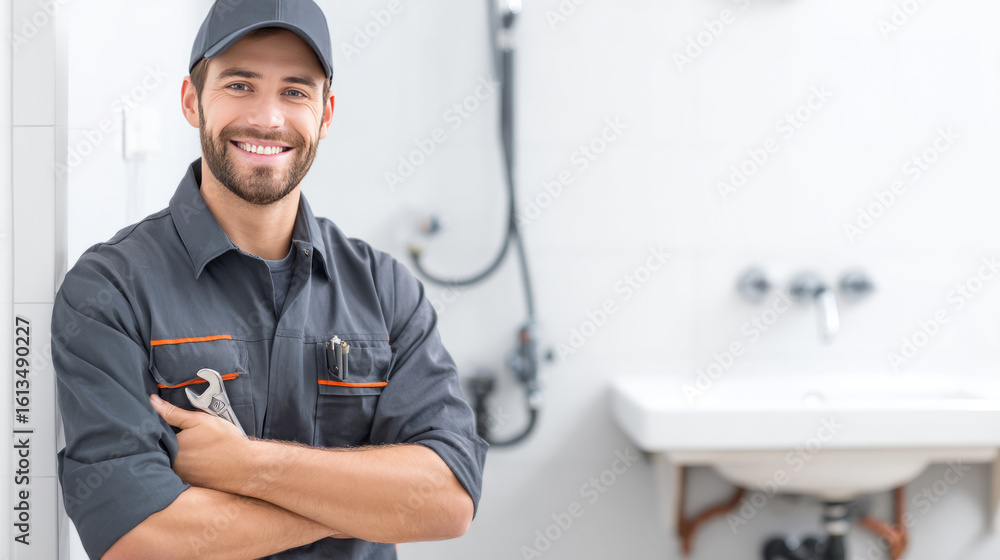 Fototapeta premium A professional plumber in uniform and with tools in his hands stands next to a sink, pipes or plumbing equipment in a bathroom or kitchen.