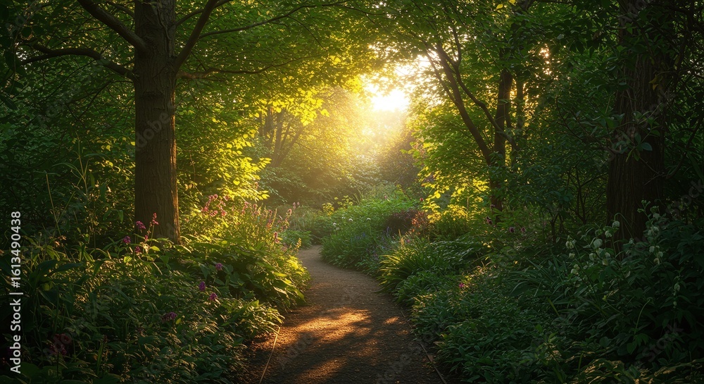 Obraz premium A captivating sunlit path winds through a lush, verdant forest, symbolizing a peaceful journey and the serene beauty of the natural world.