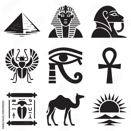 Vector art of a set of black silhouette icons depicting ancient egyptian symbols and landmarks, including pyramids and pharaohs