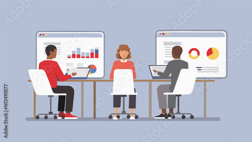 People sitting at desks with laptops and large screens displaying charts and graphs in a meeting room