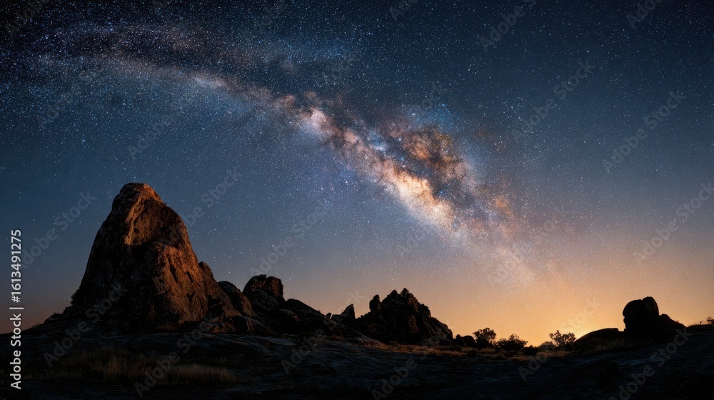 Stunning Night Sky Over Rocky Landscape Featuring Milky Way Arch Stunning Night Sky Over Rocky Landscape Featuring Milky Way Arch
