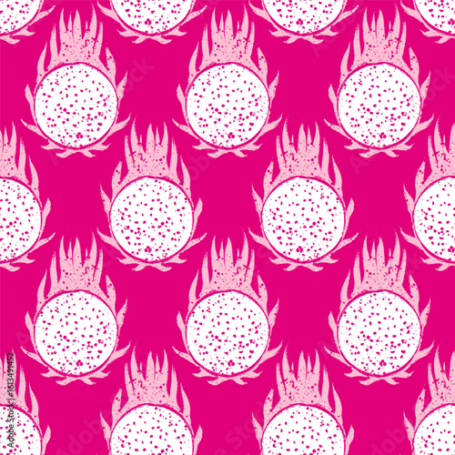 Pink Monochrome Dragon Fruit Halves Vector Seamless Pattern