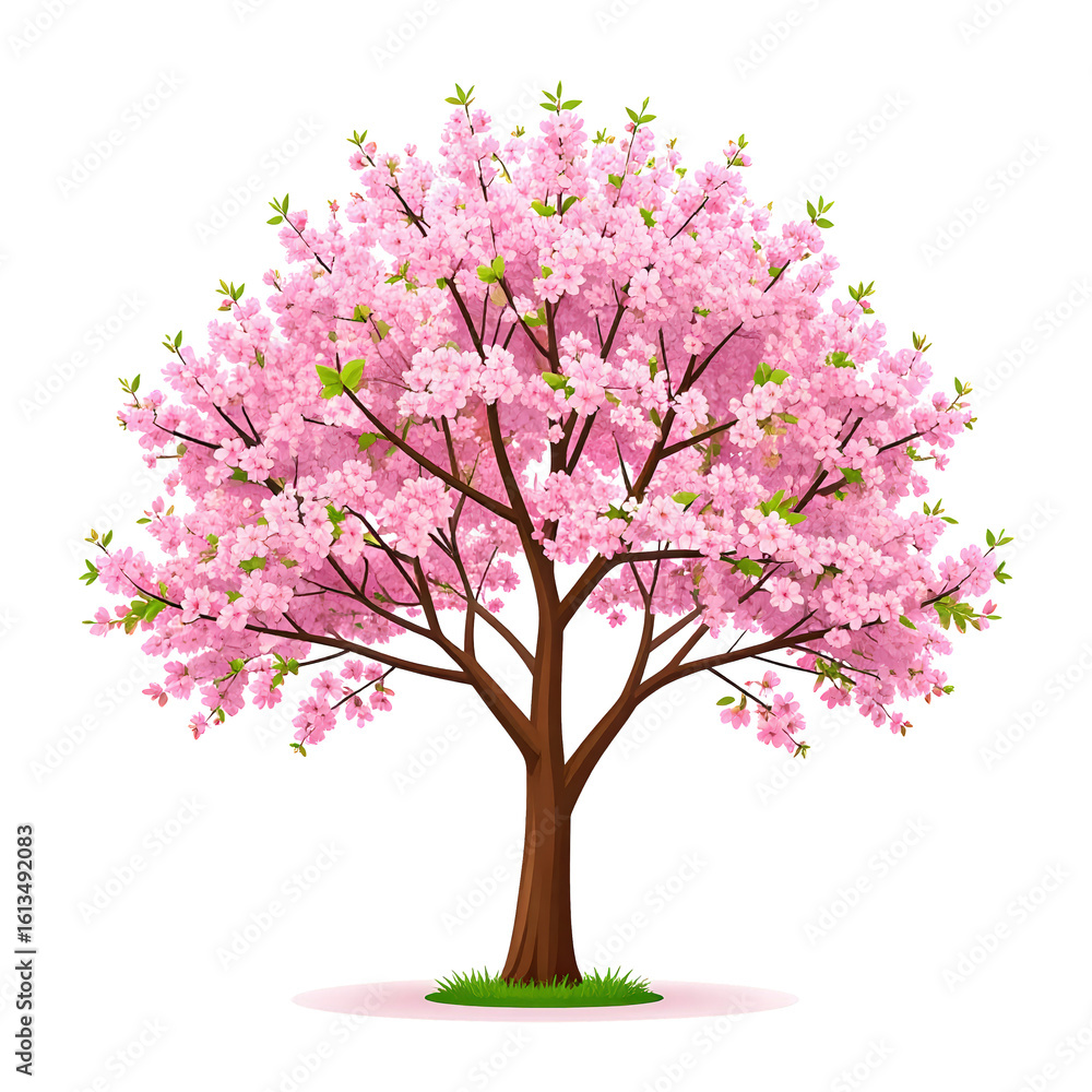 Obraz premium Vibrant blooming cherry blossom tree with pink flowers and green leaves on a white background perfect for sp nature themes and seasonal decoration