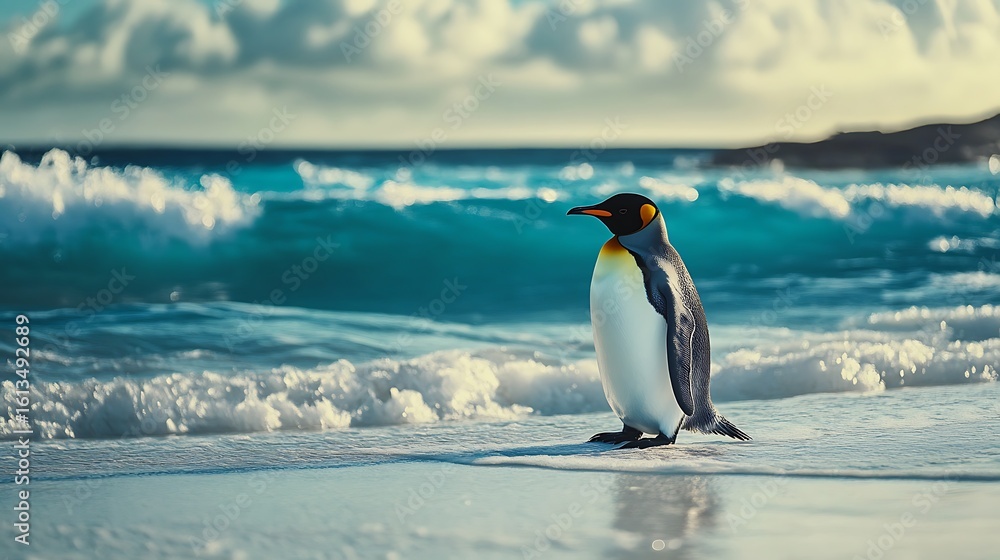 Fototapeta premium Penguin waits beside crashing waves and frozen shore high resolution picture