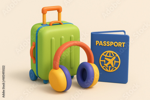 Colorful 3D Travel Icons Set – Luggage, Headphones & Passport for Vacation Planning