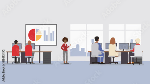 Illustration of a presenter standing near a chart with people working on computers in an office space