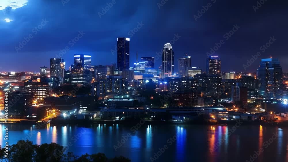 Modern city skyline illuminated at night with glowing skyscrapers reflected in the river, showcasing vibrant urban life and futuristic architecture. Modern city skyline illuminated at night with glowing skyscrapers reflected in the river, showcasing vibrant urban life and futuristic architecture.