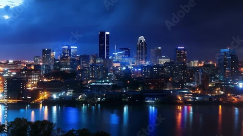 Wallpaper Mural Modern city skyline illuminated at night with glowing skyscrapers reflected in the river, showcasing vibrant urban life and futuristic architecture. Torontodigital.ca