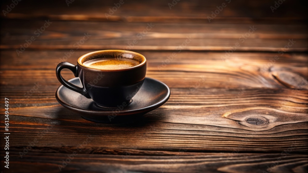 Obraz premium Aromatic Espresso in Dark Ceramic Cup on Rustic Wooden Table