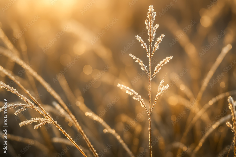 Fototapeta premium Golden sunlight illuminating dew-covered grass in tranquil landscape