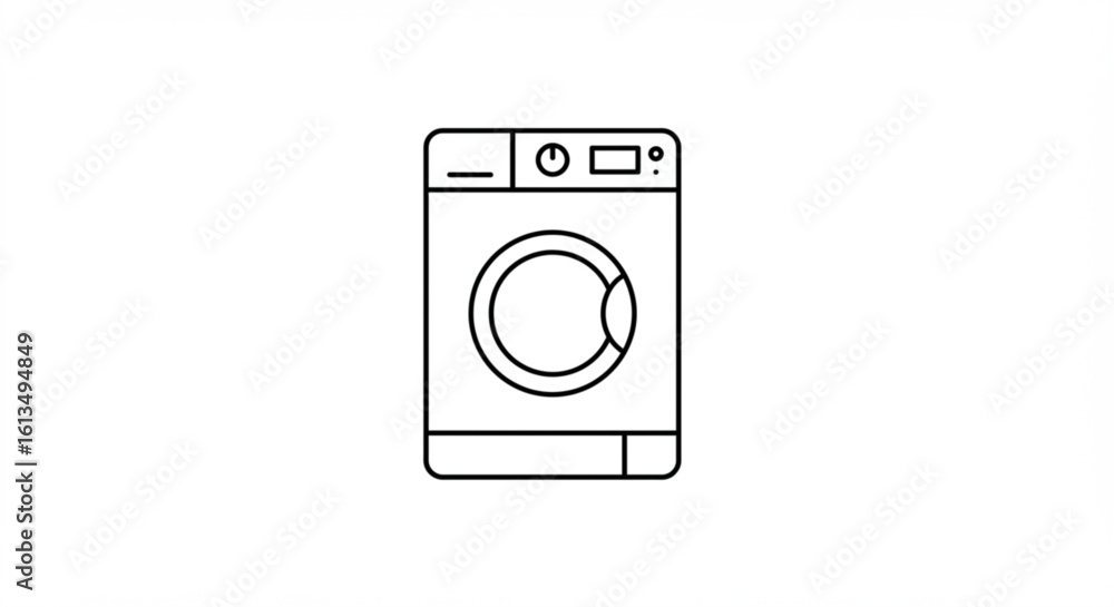 A simple line drawing of a front loading washing machine with a control panel at the top center A simple line drawing of a front loading washing machine with a control panel at the top center
