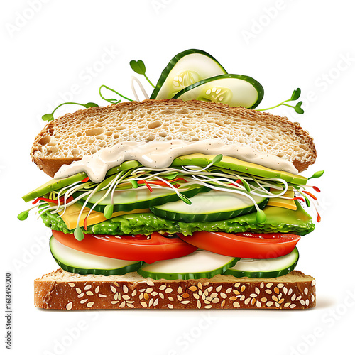 Fresh Vegetable Sandwich with Cucumber, Tomato, and Lettuce on Whole Grain Bread