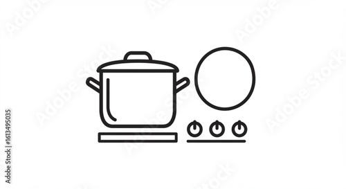 Outline drawing of a cooking pot with lid on a stove with a burner and control knobs shown