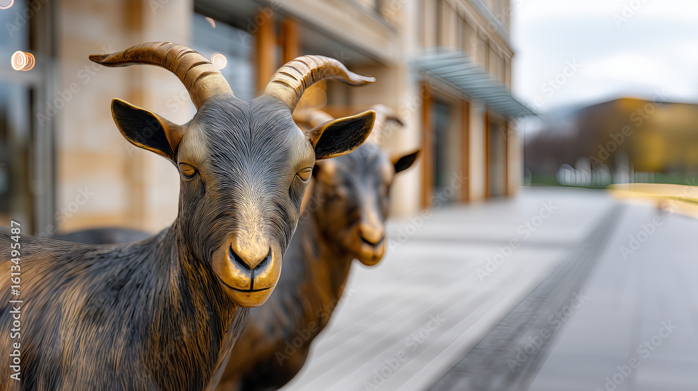 Bronze Goat Sculpture in Poznan City Symbol with Building Exterior and Urban Setting Bronze Goat Sculpture in Poznan City Symbol with Building Exterior and Urban Setting