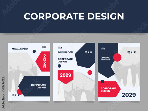 Corporate design cover templates with modern vector layouts for annual reports, business plans and company profiles
