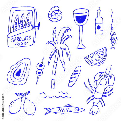 Fisherman Coastal Aesthetic Icon Collection. Vintage Mediterranean Graphic. Vector Blue Line Hand Drawn Illustration