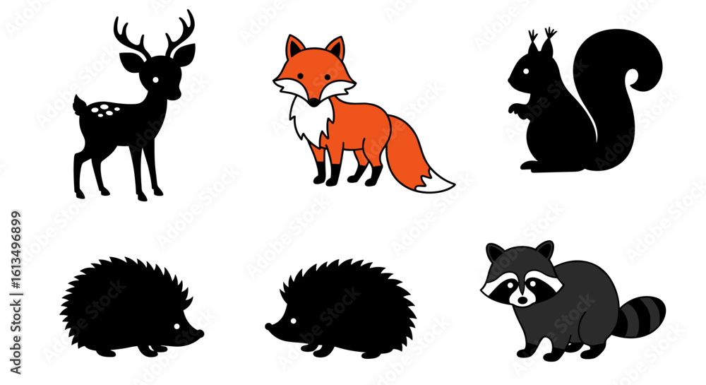 Naklejka premium Forest animals silhouette icon set in flat vector style