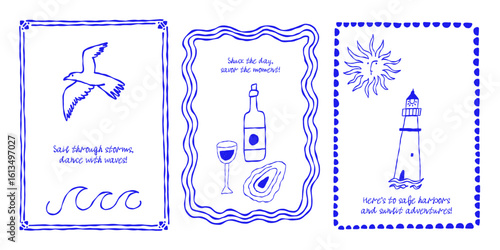 Nautical Fisherman Aesthetic Naive Print. Vintage Coastal Mediterranean Food. Vector Doodle Illustration