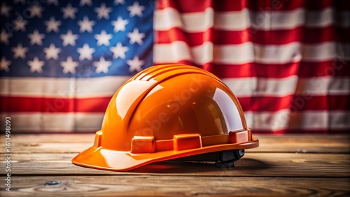 Orange hard hat resting on wooden surface with american flag background