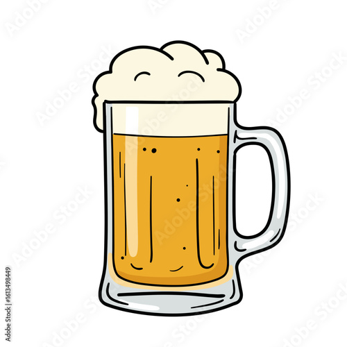 Beer mug with frothy foam in hand-drawn flat vector illustration style  