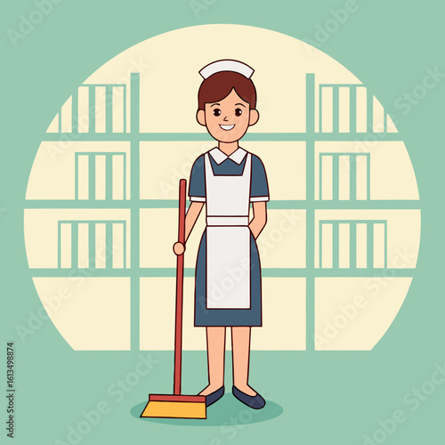 Woman in uniform cleaning shelves