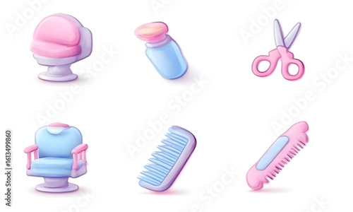 Cute pastel hair salon and barber shop tools and chairs