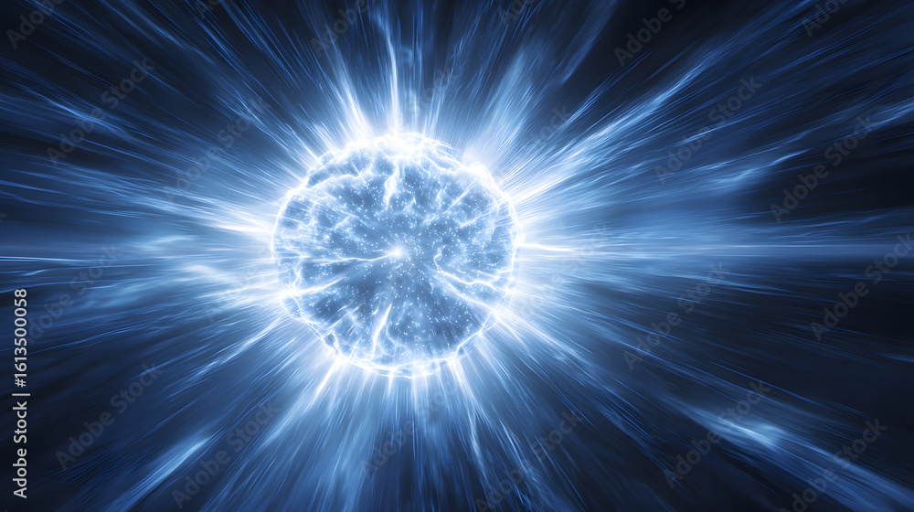 Obraz premium bright glowing energy ball exploding in outer space with electric blue and white rays dramatic lighting motion blur in comic anime style on dark background