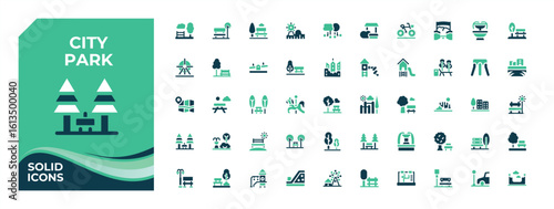 City Park colorful solid icon set. Containing town, land, outdoor, park, cityscape and more. Perfect for logos and infographic. Playground icon pack. Editable vector. Pixel perfect.