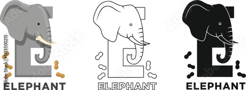 Elephant illustration with letter e logo designs for kids education and animal themes