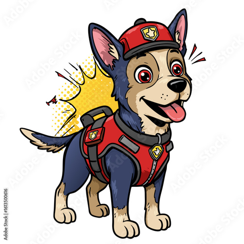 Cartoon dog wearing rescue vest and cap, smiling happily  