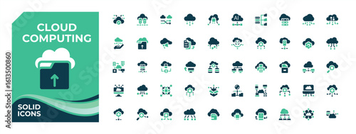 Cloud Computing colorful solid icon set. Contains filled symbols like computer, hosting, database, system and more. Filled icons collection. Networking icon set. Editable stroke vector art.