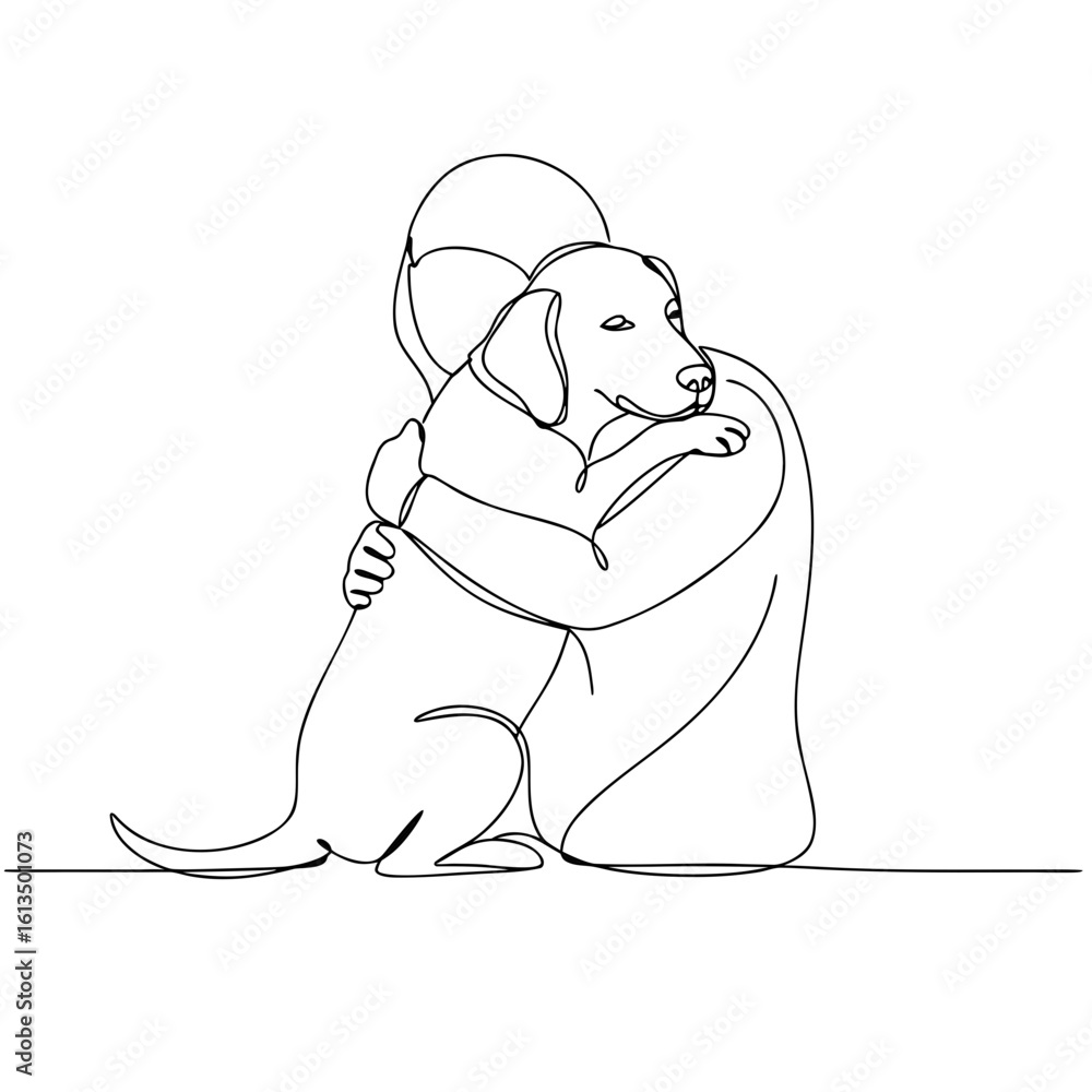 Obraz premium Person hugging a dog in a simple line art style 