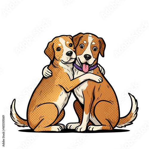 Two dogs hugging and showing affection with playful expressions  