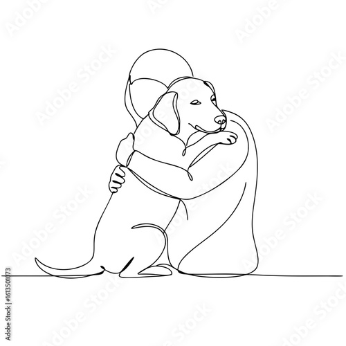 Person hugging a dog in a simple line art style  