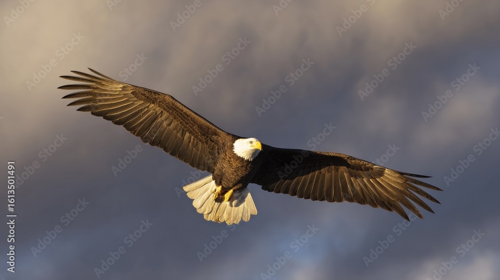 Obraz premium A majestic bald eagle soaring through a dramatic golden-hued sky.