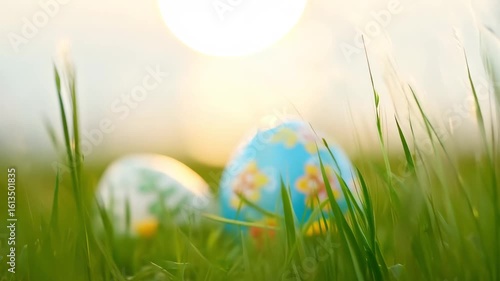 Horizontal video colorful Easter eggs lying on green meadow grass