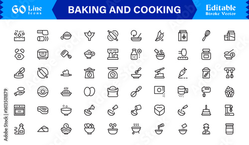 Baking Cooking Line Icon Set – Professional Minimal Editable Vector Icons for Culinary Recipes Kitchen
