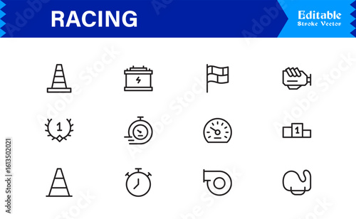 Racing Essentials in a Professional Line Icon Set – Modern, Minimal, Pixel-Perfect Symbols for Motorsports and Speed Themes