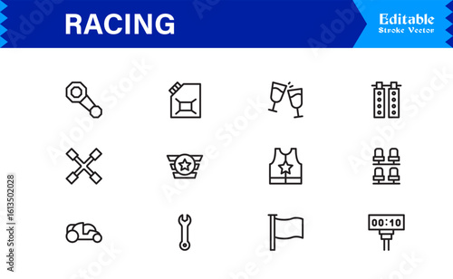 Racing Essentials in a Professional Line Icon Set – Modern, Minimal, Pixel-Perfect Symbols for Motorsports and Speed Themes