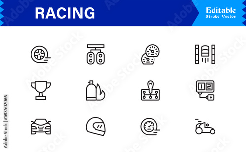 Racing Essentials in a Professional Line Icon Set – Modern, Minimal, Pixel-Perfect Symbols for Motorsports and Speed Themes