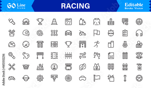 Racing Essentials in a Professional Line Icon Set – Modern, Minimal, Pixel-Perfect Symbols for Motorsports and Speed Themes