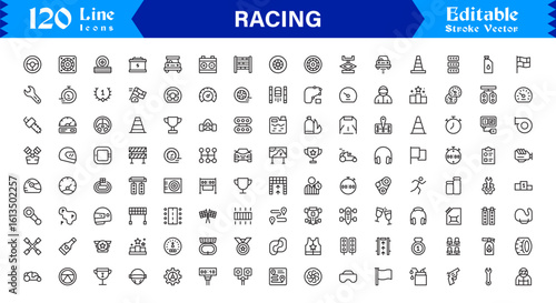Racing Essentials in a Professional Line Icon Set – Modern, Minimal, Pixel-Perfect Symbols for Motorsports and Speed Themes