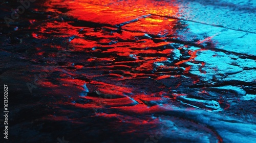 Glowing red and blue emergency lights reflecting on wet pavement in dramatic night scene.
