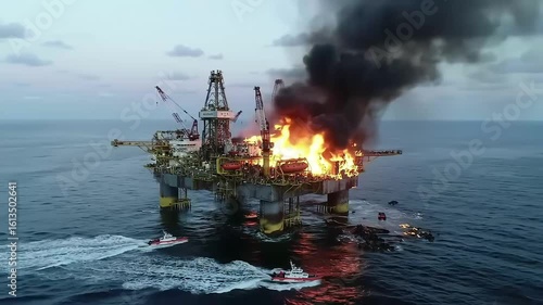 Offshore Inferno Oil Rig Engulfed in Flames at Sea - Dramatic Scene