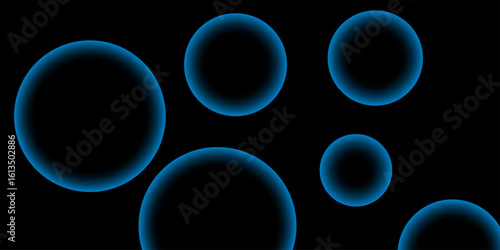 Abstract futuristic background with neon blue glowing circles on a black backdrop. Modern digital light pattern symbolizing technology, sci-fi, cyber energy, virtual shapes, and geometric luminous art