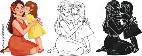 Mother's day illustration: cartoon mother and daughter hugging and kissing on cheek art