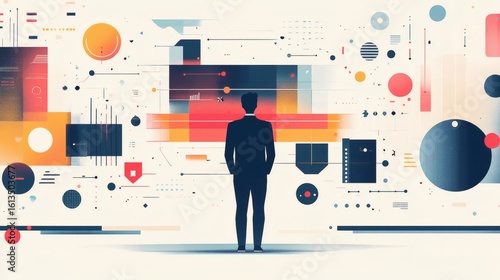 Businessman observing abstract data visualization on a wall.