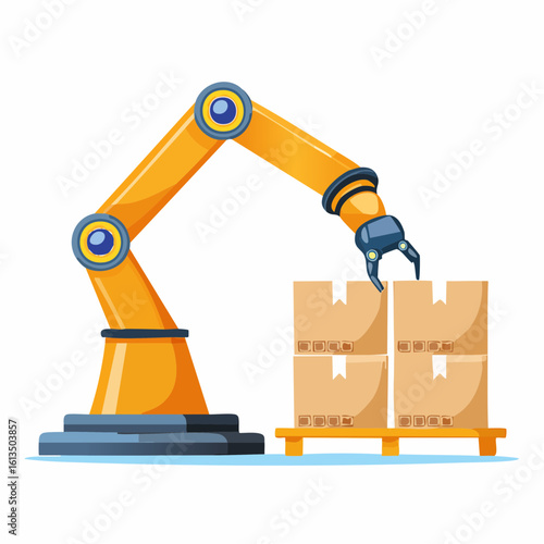 Robot hand or robotic arm sorts the cardboard boxes with products on factory warehouse. Logistics, automation industry concept.